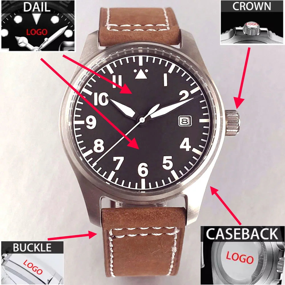 Customized 39mm Classic Pilot Watch Black Dial Sapphire Crystal Automatic Men's PT5000 Miyota 8215 Mechanical Movement Watches