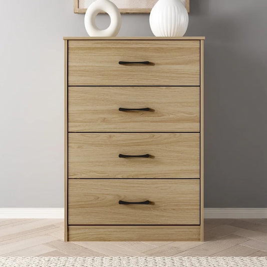 4 Drawer Dresser Tall Dresser Euro Oak Finish Easy Assembly Metal Glide System Safety Features Elegant Storage Solution Bedroom