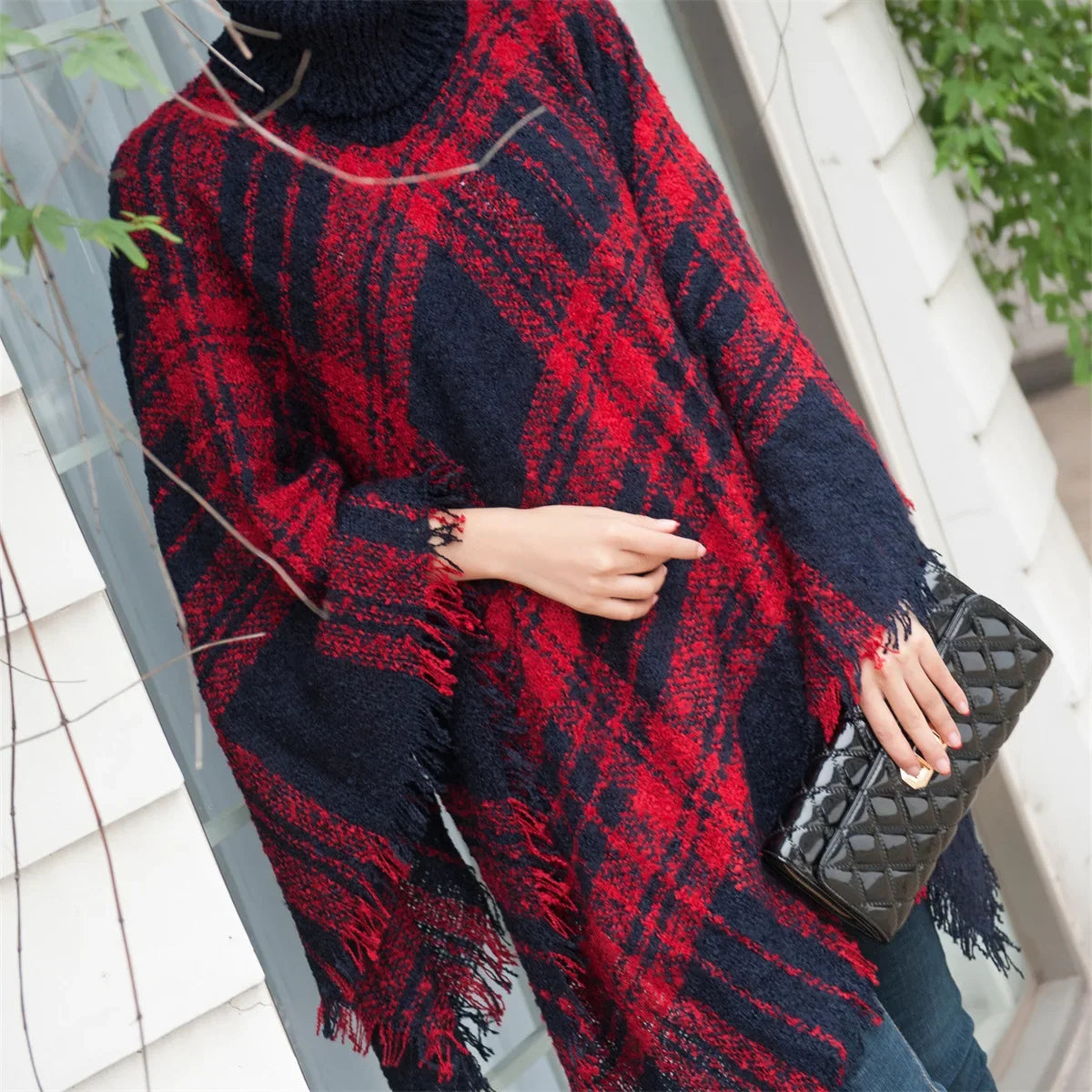 New Women Autumn Winter Striped Knitted Poncho Shawl Sweater Overcoat Streetwear Thick Warm High Neck Loose Knitwear Long Coat