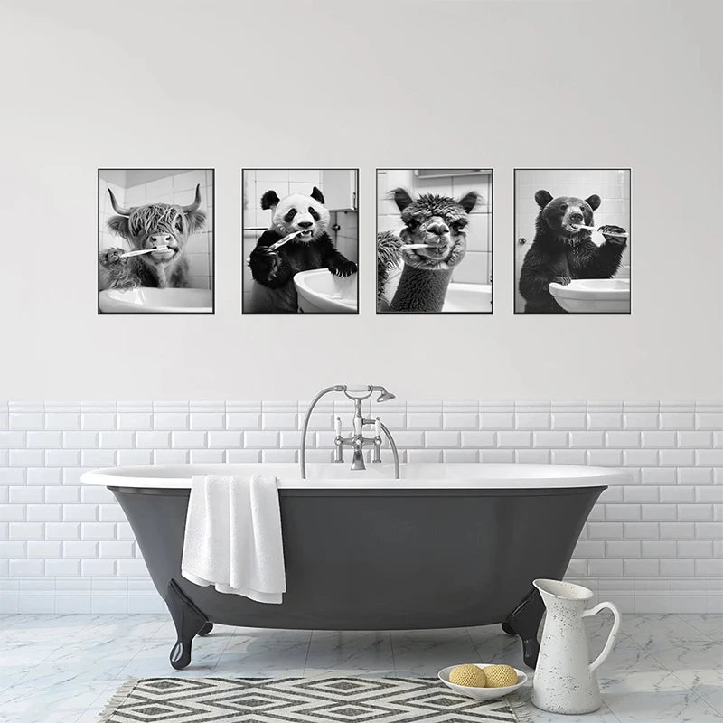 Black And White Cartoon Abstract Cute Animals Duck Hippo Panda Alpaca Brush teeth Posters Canvas Prints Art Home Room Wall Decor