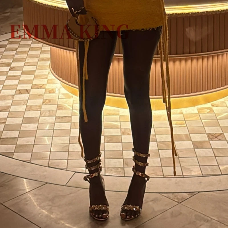 Luxury Gold Rhinestone Studs Sandals Women's Stiletto High Heels Sandals Sexy Ankle Wrap Summer Shoes For Weddings And Parties