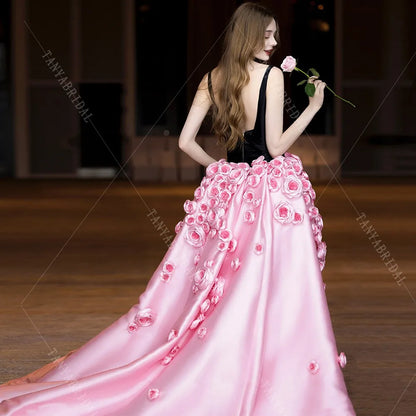 Spaghetti Straps Satin Mermaid Wedding Dress With Detachable 3D Flowers Long Train Elegant Backless Bridal Party Dress TSWD453