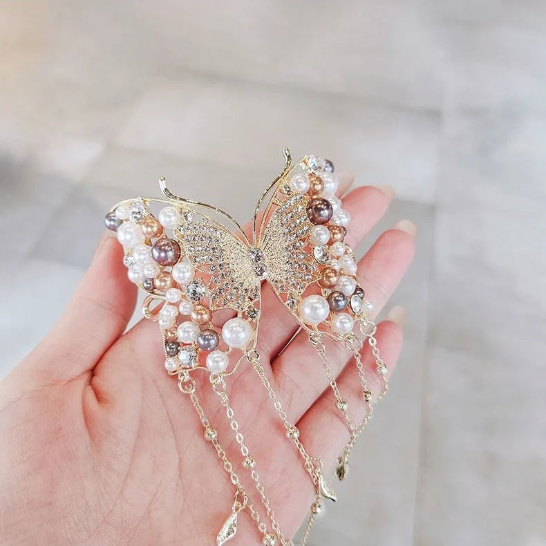 Luxurious Elegant Colored Pearl Butterfly Tassel Alloy Hair Clip Women's Bundle Hair Clip Party Fashionable Hair Accessory