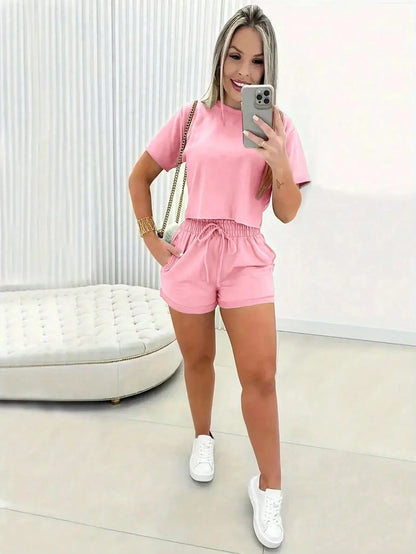 2026 Women's Short-Sleeve Set Brazilian Print T-Shirt Set Crew Neck Retro Streetwear Trendy Clothing Crop Top Sports Set
