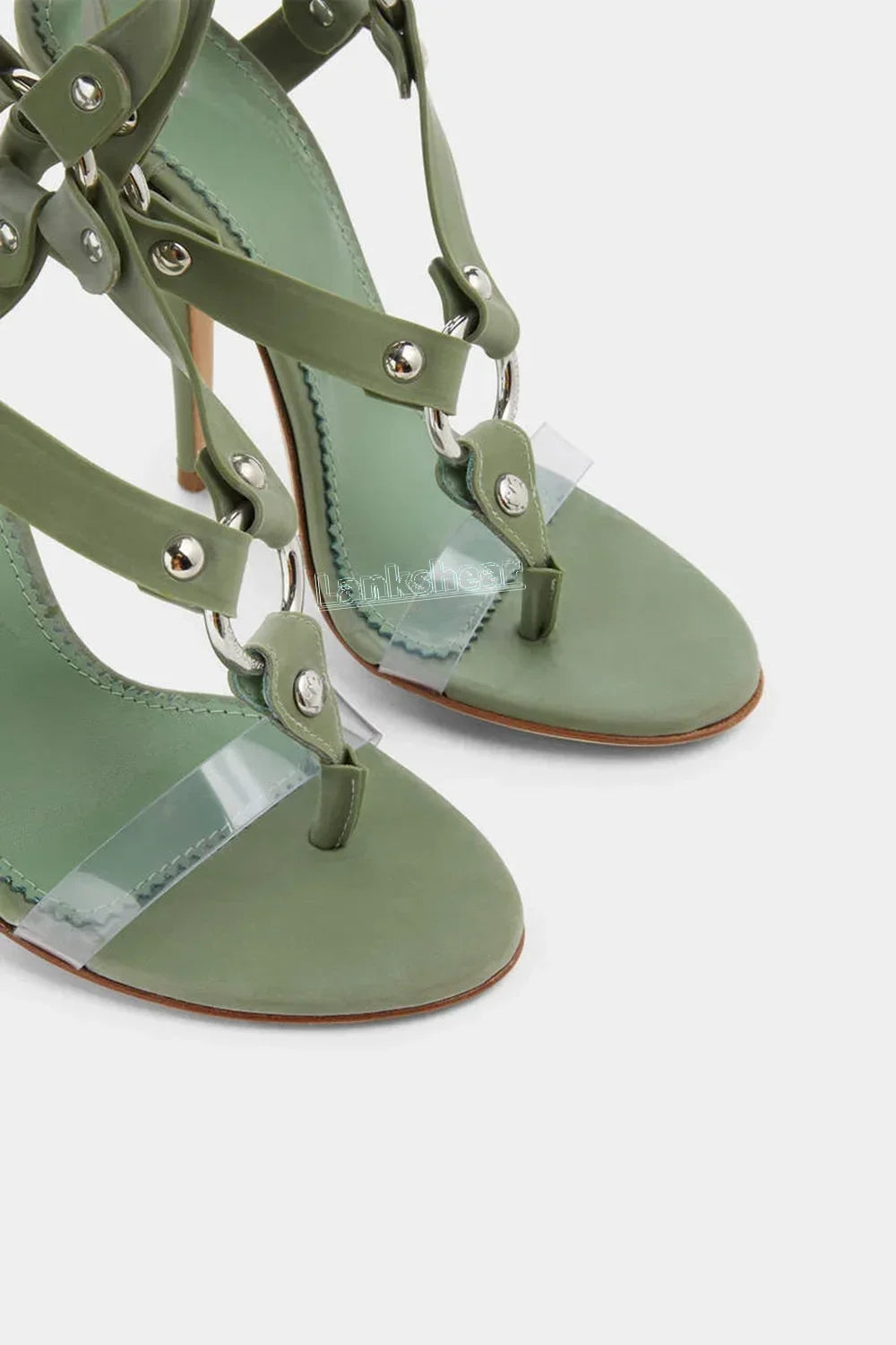 Green T-strap PVC Women Sandals Ankle Lace-up Split-toe Round Open Toe Thin High Heels O-ring Detail Solid Summer Shoes Dress