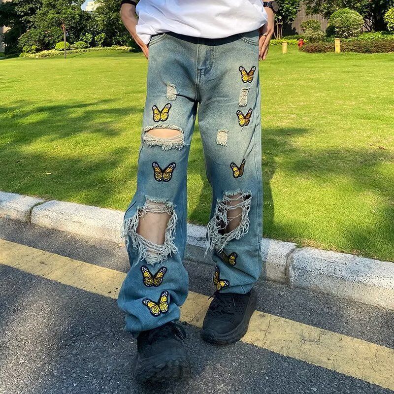Butterfly Embroidered Torn Jeans For Men 2