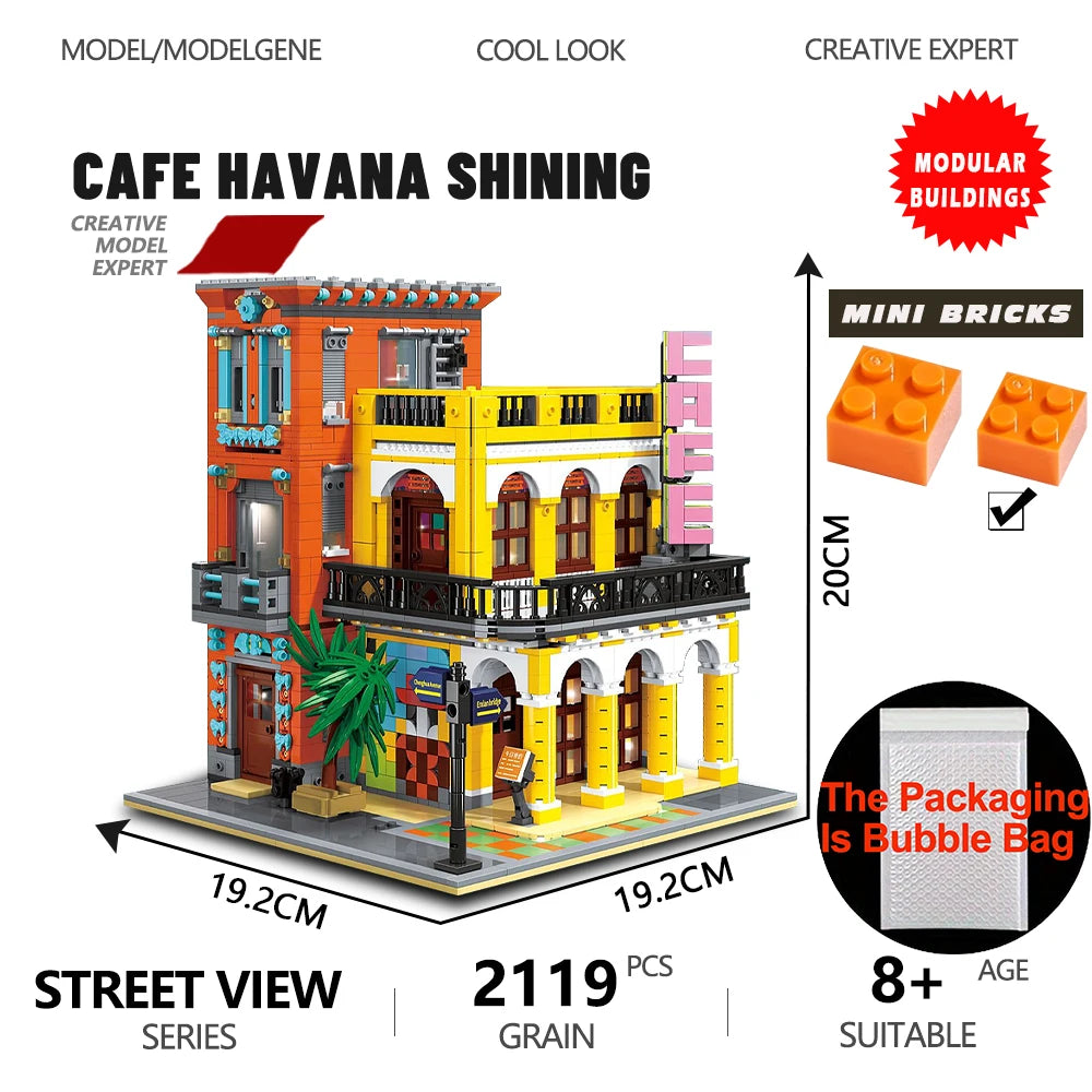 MOC Cafe Havana Shining House Building Blocks Model Street View Modular Desktop Decoration Assembly Kids Toys For Gifts
