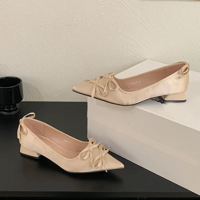 2025 New Fashion Silk Shallow Women Low Heel Shoes Butterfly-Knot Female Slip On Footwear Pointed Toe Ladies Heels Pumps Shoes