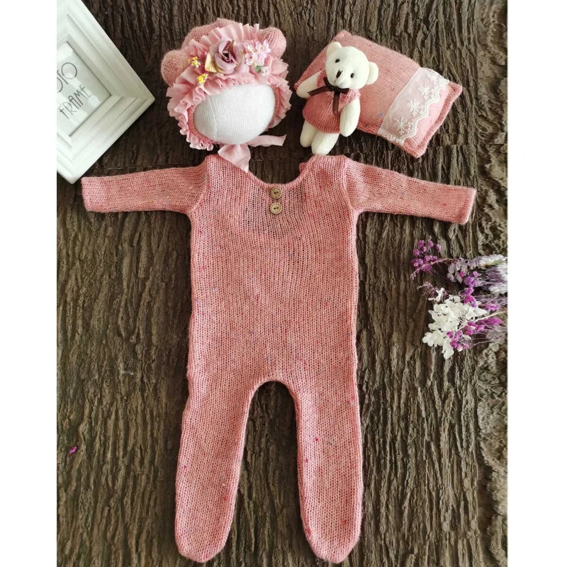 4 Pcs/Set Baby Clothes Newborn Photography Props Baby Romper Jumpsuit Hat Pillow Set With Cute Bear Doll Photo Shooting Outfits
