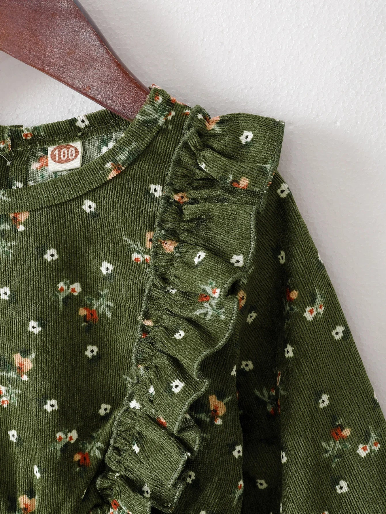 Kids Girls'Green Floral Corduroy Long Sleeved Dress Baby Girl Party Princess Dress For 1-6 Years Fashion Winter Autumn Clothes