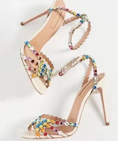 Big Size43 Crystal Embellshed High Heel Sandals Green Purple Suede Ankle Strap Dress Shoes Cutouts Celebrating Dress Shoes