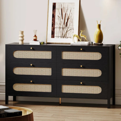 6-Drawer Rattan Closet Adjustable Height Storage Cabinet Sideboard Bedroom