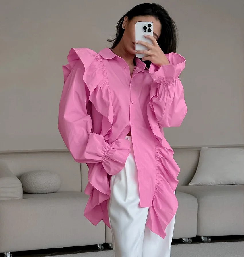 Ruffles Button-Down Shirt Women Summer Fashion Flare Sleeve Loose Shirts Blouses Lady Elegant Casual Tops Streetwear 2025