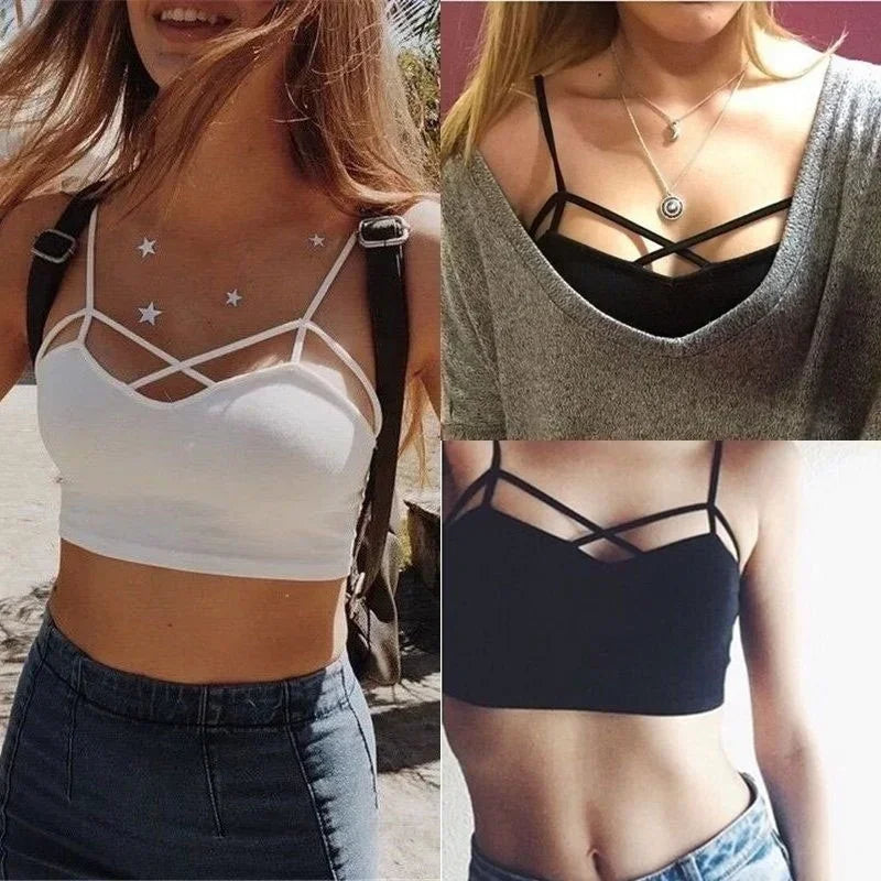Sexy Slim Lingerie Front Cross Strap Padded Crop Top Summer Strapless Tops Fashion Bandeau Metallic Sense Shiny Material Tanks