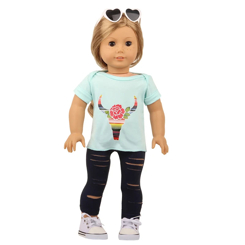 Cactus T-shirt+Denim Shorts Flower Dress+Hat Flamingo Doll Clothes Set For 18 inch American&43cm Baby New Born.OG,Life Girl Doll