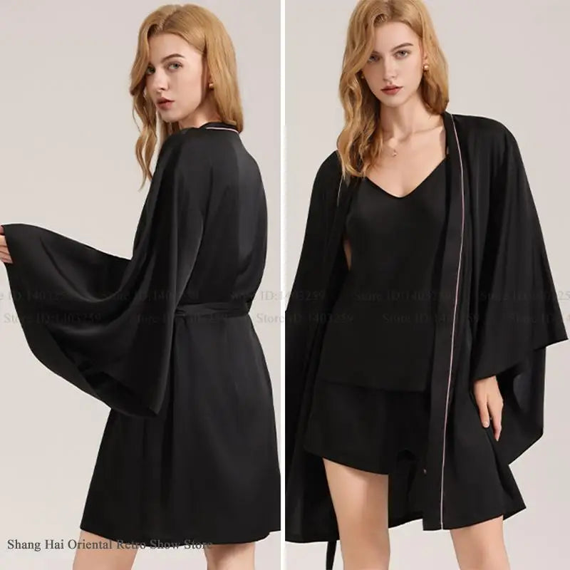 New Female 3PCS Robe Pajamas Set Sleepwear Sexy Lingerie Trap Top&shorts Homewear Loose Casual Black Ice Silk Pijamas Loungewear