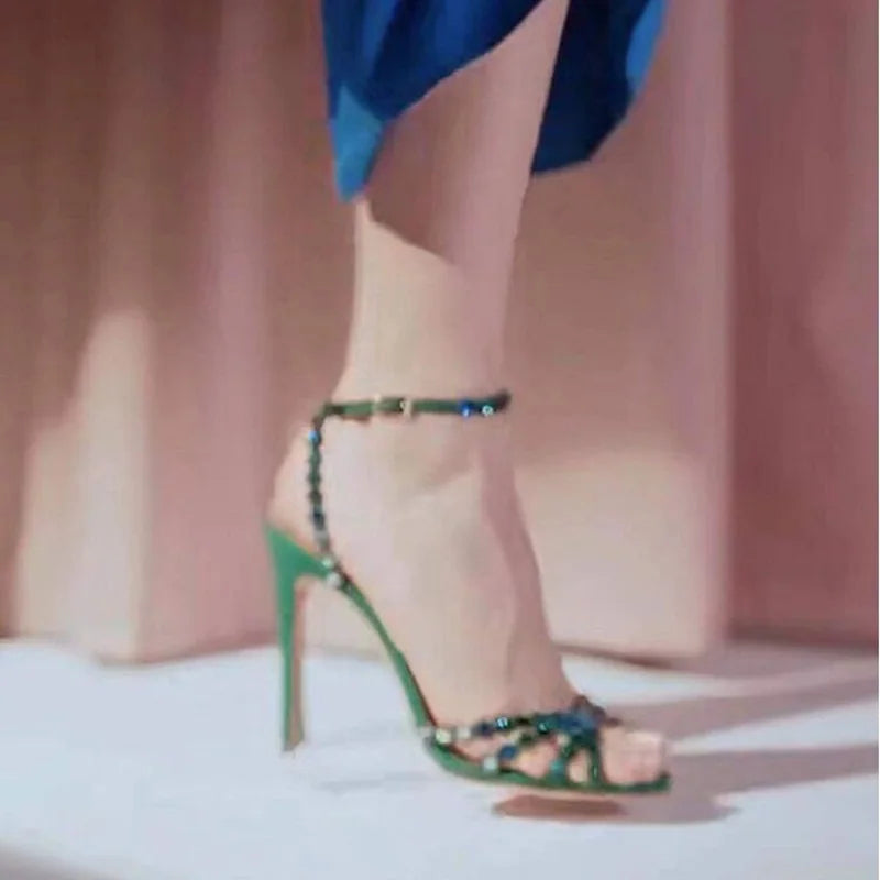 Big Size43 Crystal Embellshed High Heel Sandals Green Purple Suede Ankle Strap Dress Shoes Cutouts Celebrating Dress Shoes