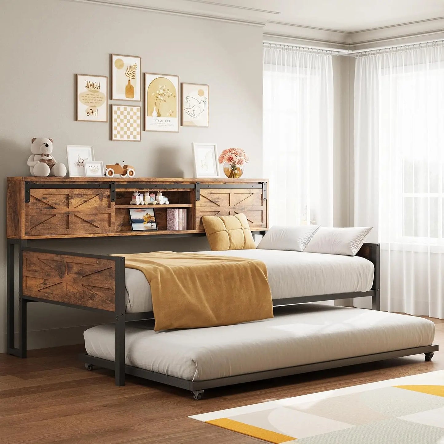 Daybed with Trundle, Rustic Bed Twin with Storage and Charging Station for Living Room, Bedroom and Guest Room