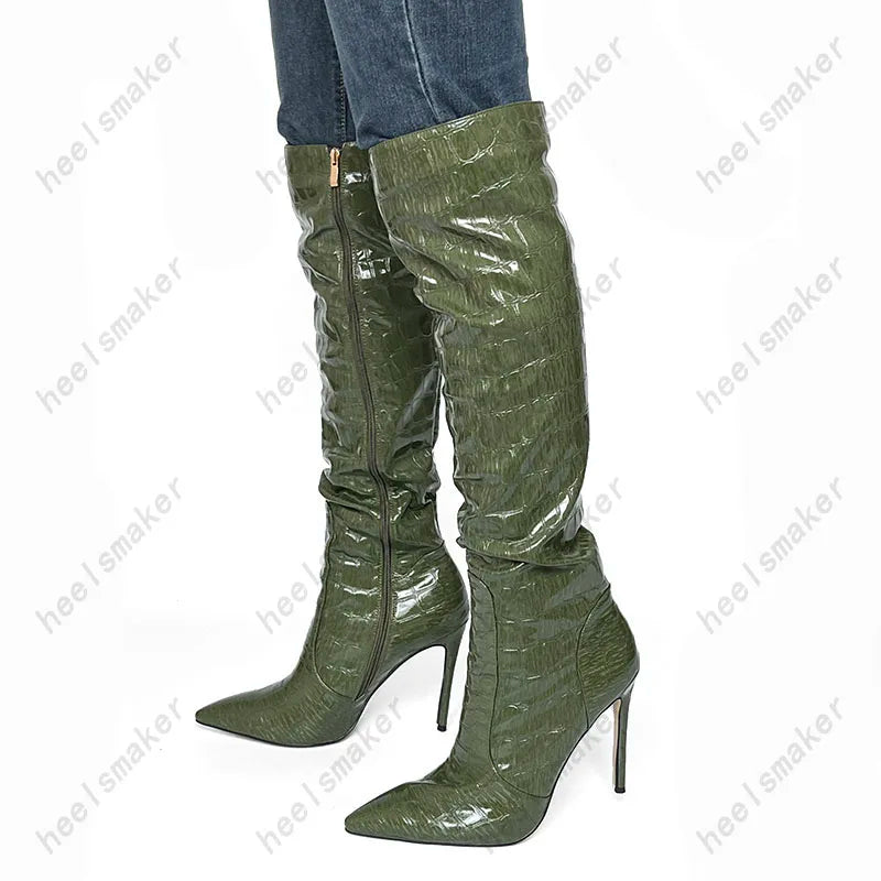 Sukeia New Women Winter Knee Boots Stone Pattern Stiletto Heels Pointed Toe Gorgeous Green Club Shoes Ladies US Size 4-15