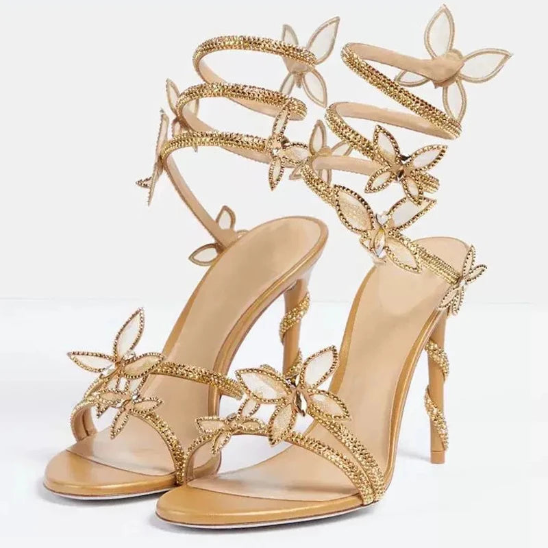 Eilyken Street Style CRYSTAL Flower Thin Heels Banquet Prom Women Sandals Sexy Open Toe Narrow Band Ankle Strap Gladiator Shoes