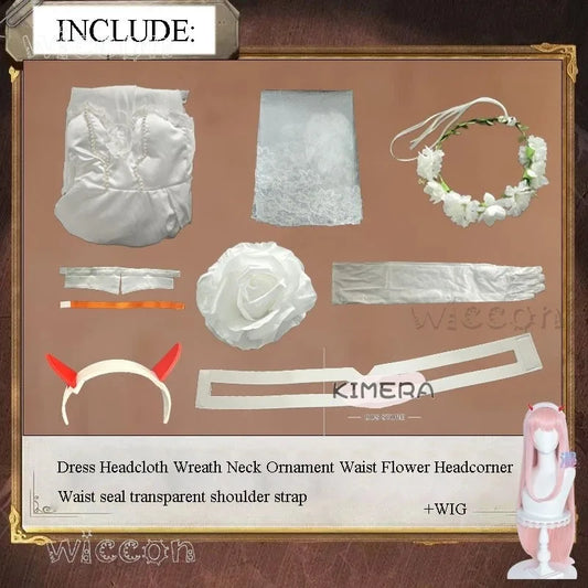 asdh8@Zero Two 02 Cosplay Costume Wig Figure Same Style Roleplay Anime DARLING Bride in the FRANXX White Lace Gown Wedding Dress