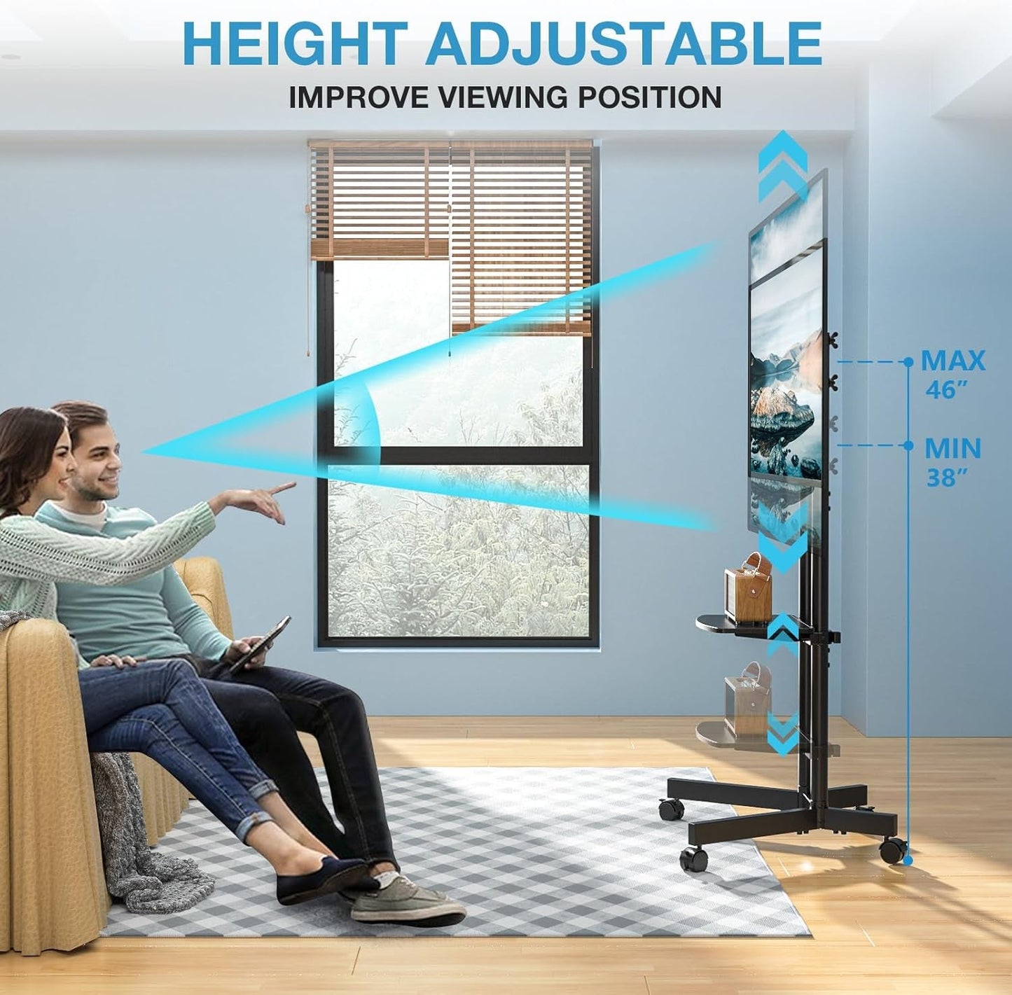Rolling TV Stand 32-75 Inch With Height Adjustable Shelf