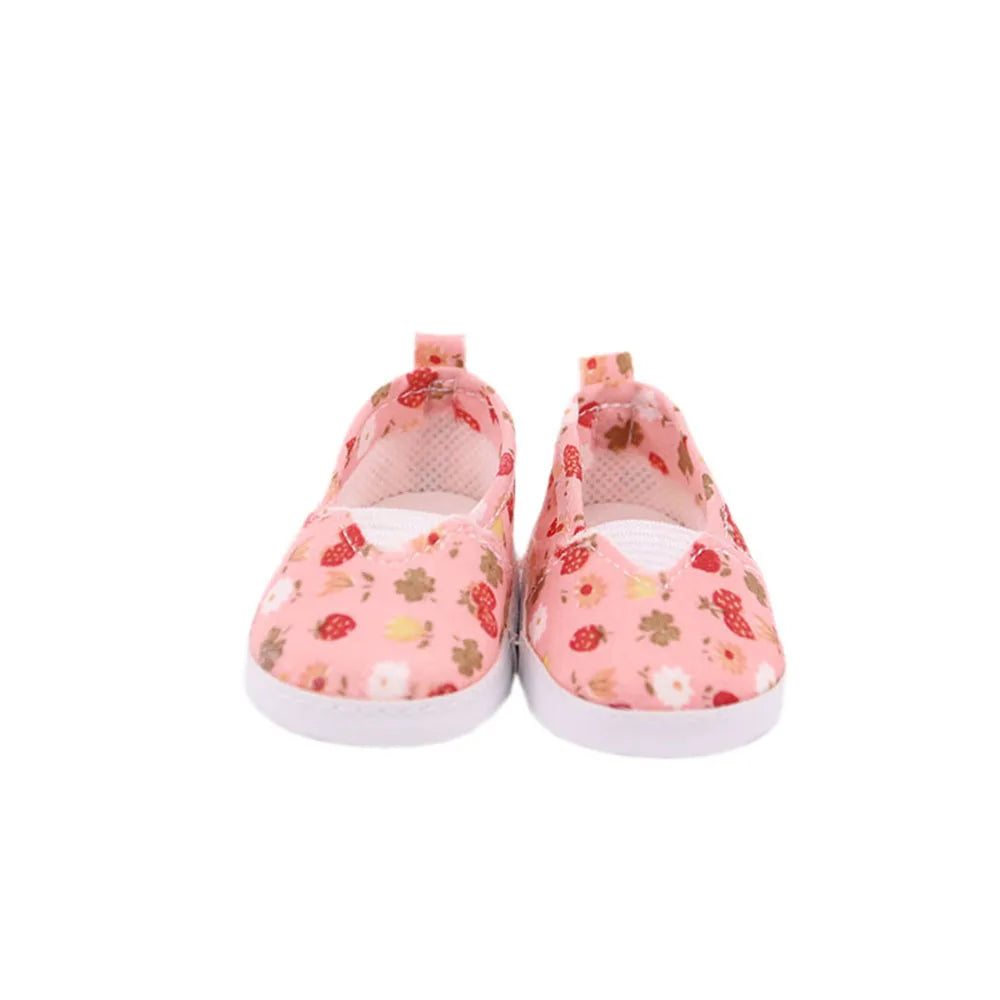 7Cm length Doll Shoes For 18 inch Girls American & 43Cm Baby New Born Doll Clothes Accessories Flowers/Bows Stamp Canvas Shoes