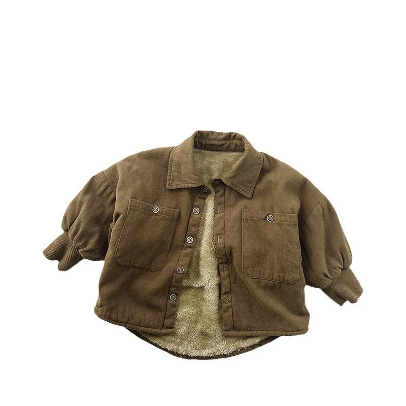 Autumn Winter Children's Coat New Solid Color Retro Turn-Down Collar Long Sleeve Single breasted Pocket Thickened Warm Coats