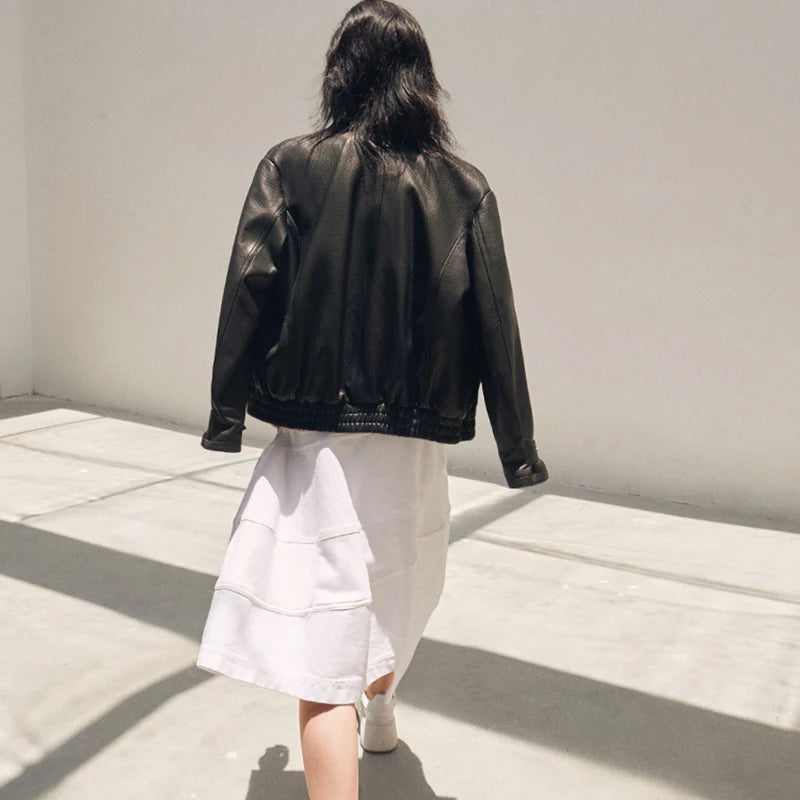 Leather Jacket for Women Short Silm Harajuku Locomotive Casacos Feminino Foamed Sheepskin Single-Breasted Square Collar Outwears