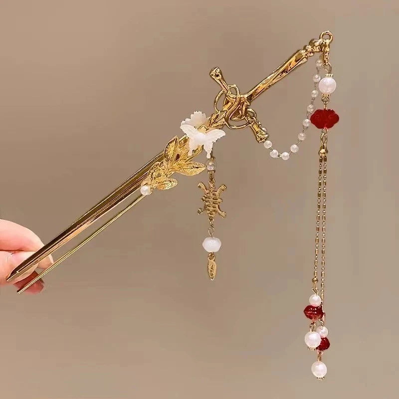 2025 New Chinese Style Sword Hair Sticks for Women Tassel Beads Chignon Pin Pearl Metal Leaves Hairpin Headdress Hair Accessorie