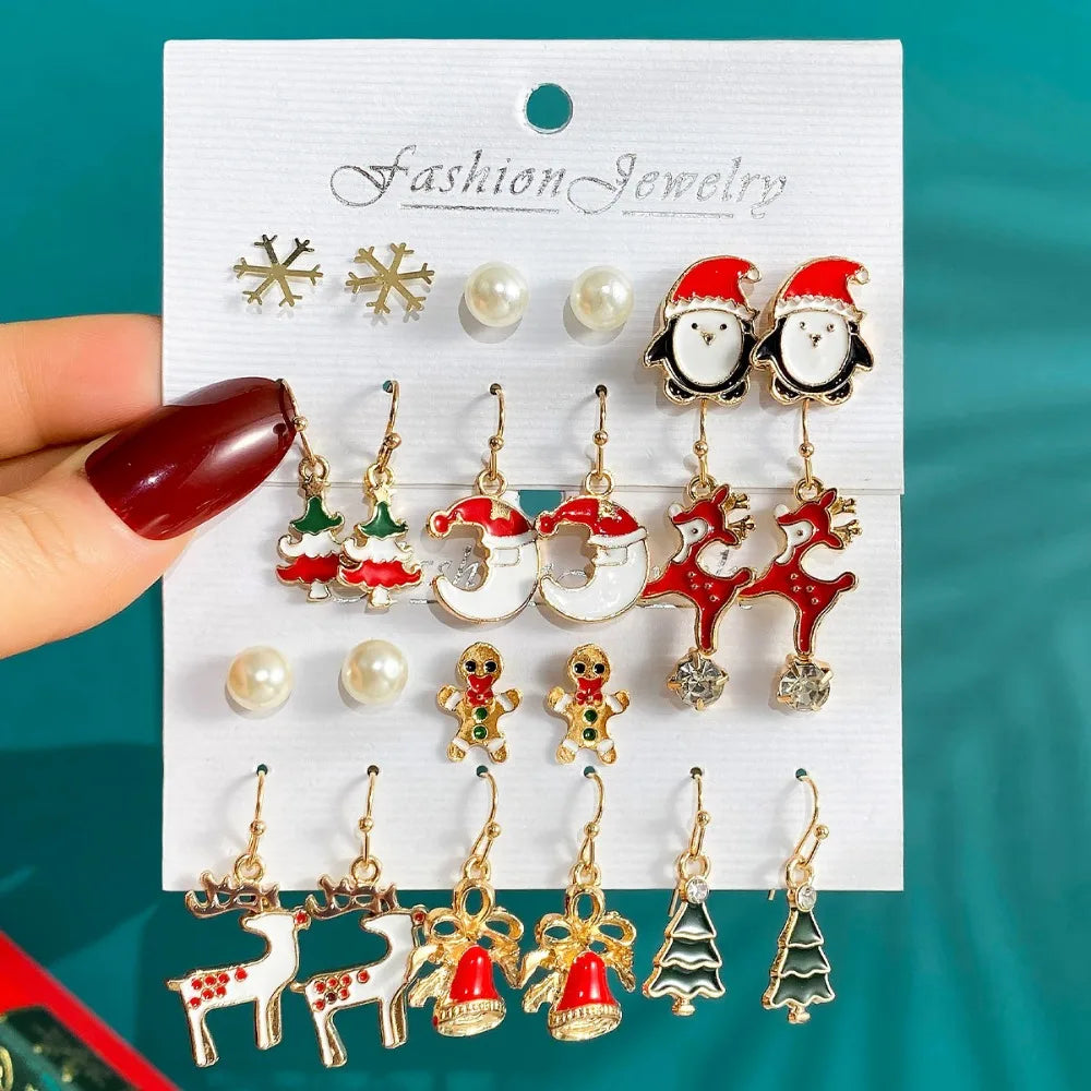 6 Pairs New Christmas Set Cross border Hot Selling Cartoon Dripping Oil Elk Santa Claus Christmas Tree Earrings for Women