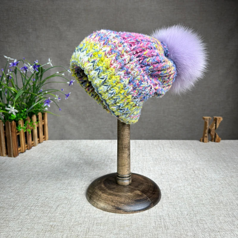 Autumn and winter colorful wool blend women's warm real fox fur ball hat European and American travel Christmas fashion