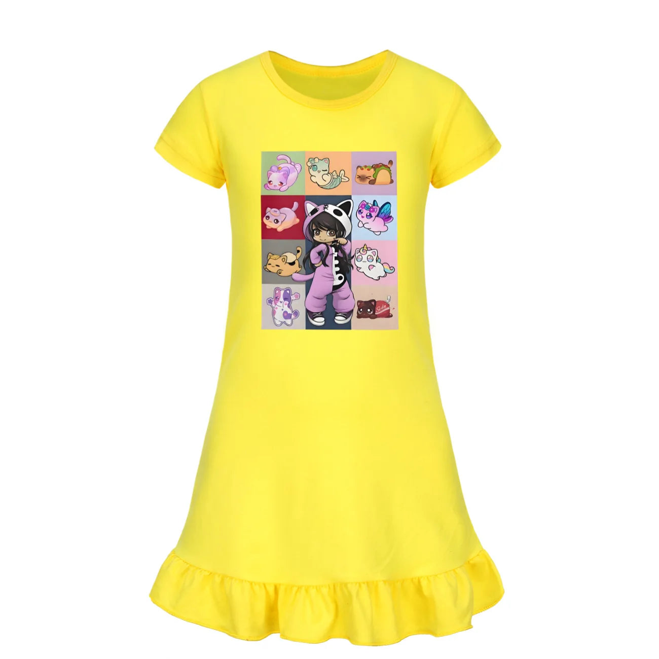 Kids Anime Aphmau Cat Summer Sleepdress Short Sleeve Baby Girls Casual Cartoon Nightgown Daily Wear Clothes for Children