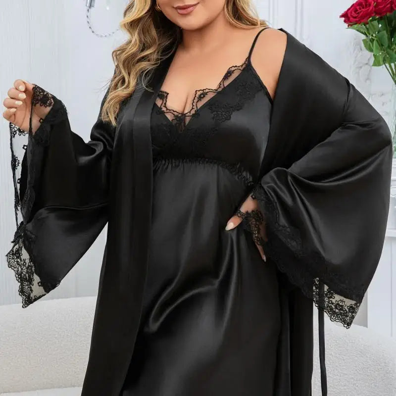 Big Size 3Xl 4Xl 5Xl Robe Set Women Black Lace Trim Sleepwear Satin Lingerie Big Sleeve Kimono Gown Loungewear Nightwear 2Pcs