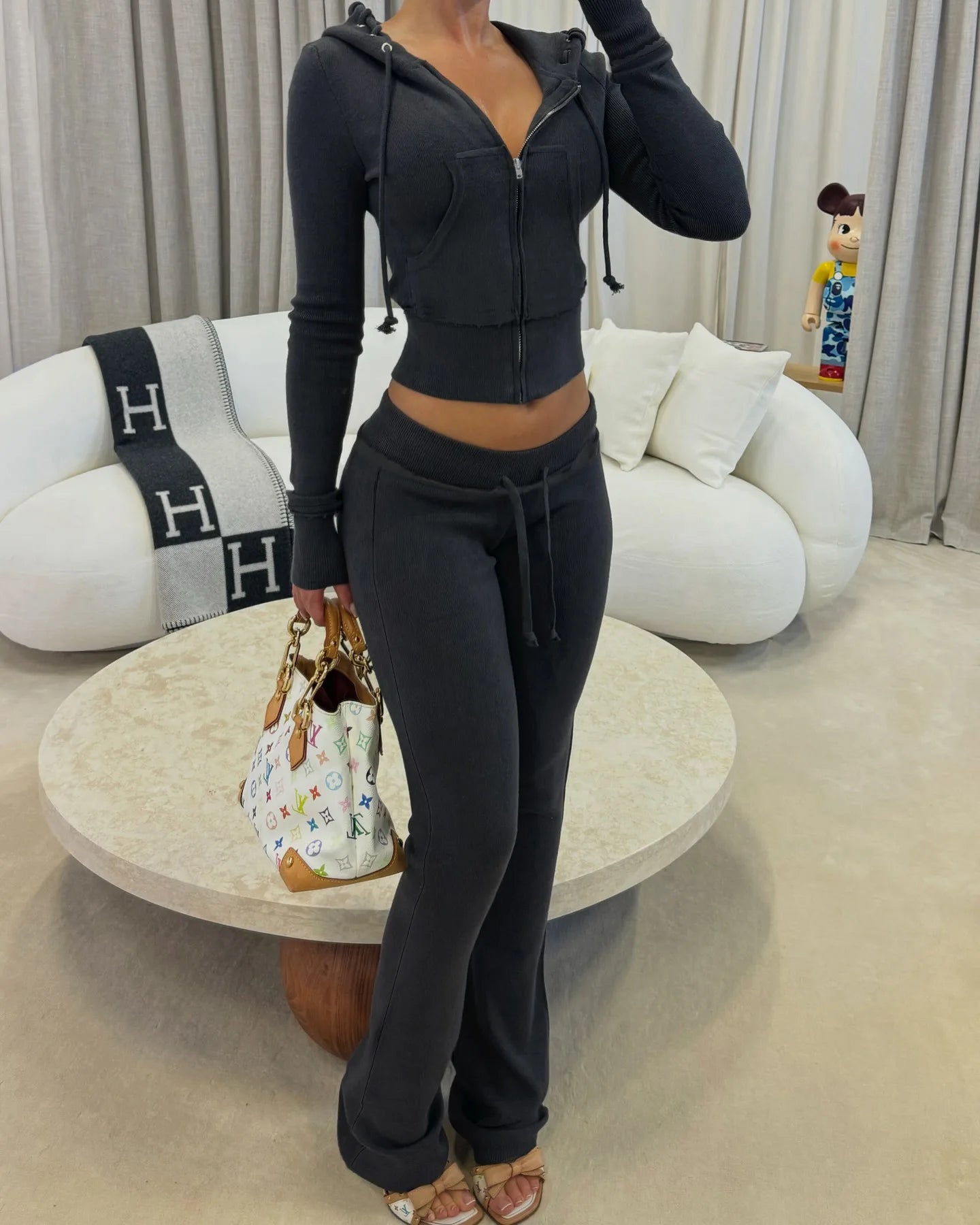 Women's Casual Suit with Brushed and Contrasting Straps Design, Hooded Long Sleeved Cardigan, Slightly Flared Long Pants