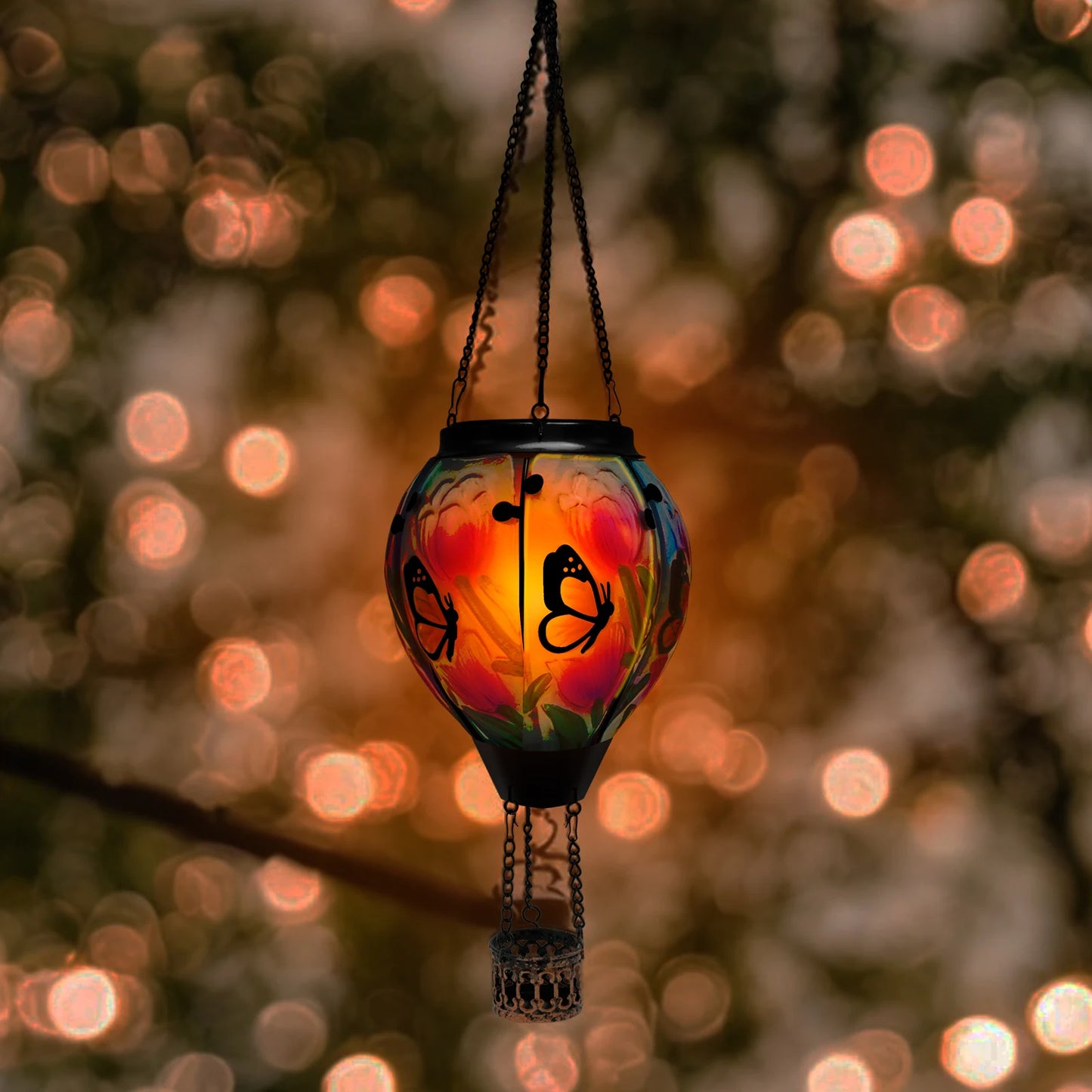 Solar Led Light Garden Wind Chimes Hanging Light Decor Hot Air Balloon Solar Lantern with LED Flame Solar Lights Hanging Lantern