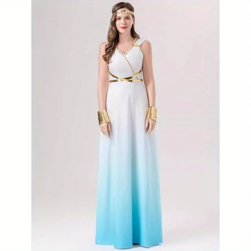 Costumes accessories Halloween costume blue and white gradient dress Greek goddess dress cosplay dance party performance costume