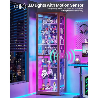 Display Cabinet with RGB Lights and Glass Doors for Collectibles: Tempered Glass, Black, Adjustable LED Lighting