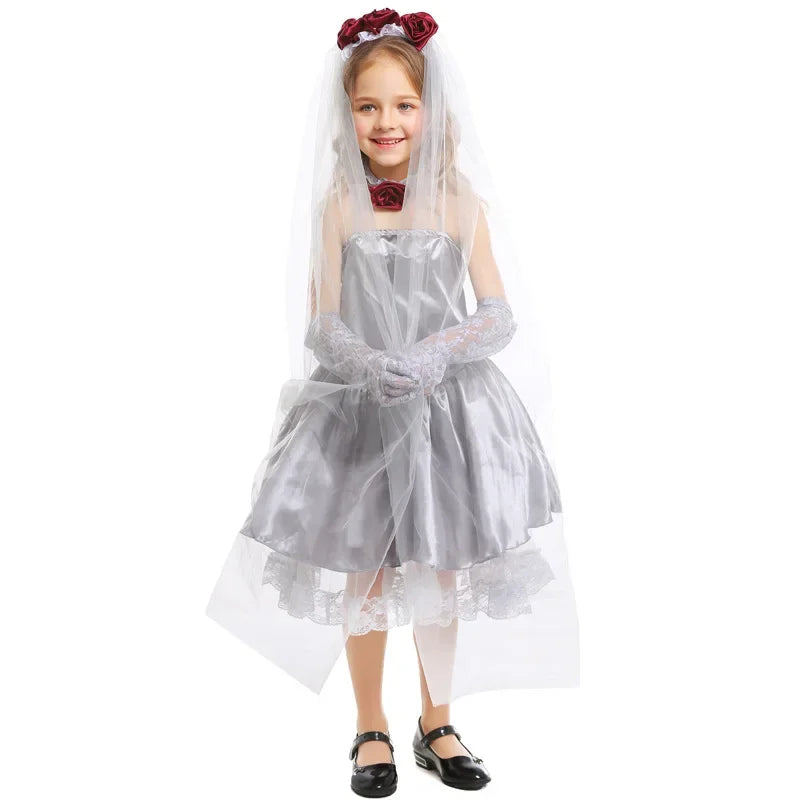 Girls Silver Gray Corpse Bride Cosplay Costume Angel Dress Kids Halloween Party Carnival Costume Fancy Dress