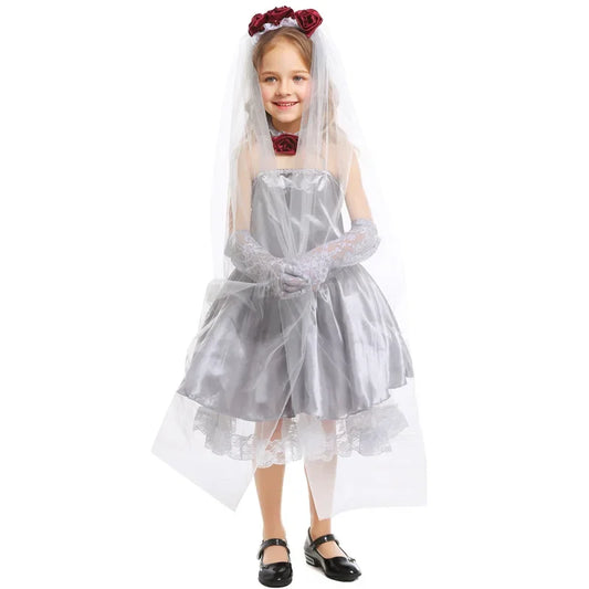 Girls Silver Gray Corpse Bride Cosplay Costume Angel Dress Kids Halloween Party Carnival Costume Fancy Dress