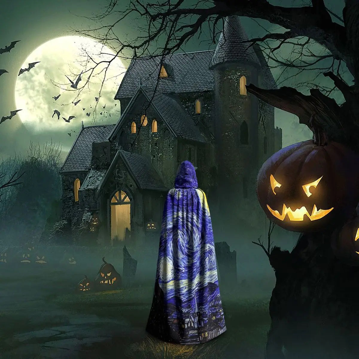 A Starry Night Van Gogh Mountain Inspiration Long Hooded Cloak Witch Medieval Costume Cosplay Cape HalloweenParty Adult Unisex