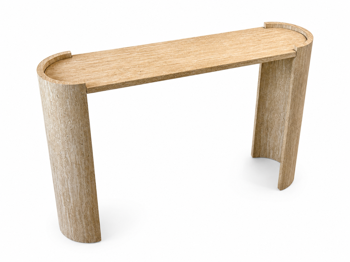 Curved Console Table with U-Shaped Legs and a Natural Wood-Grain