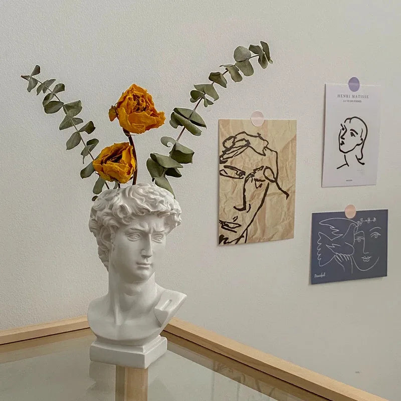 Nordic Portrait Vase Human Head Flower Vase Cachepot Resin David Sculpture Pen Holder Makeup Brush Storage Box Desk Accessories