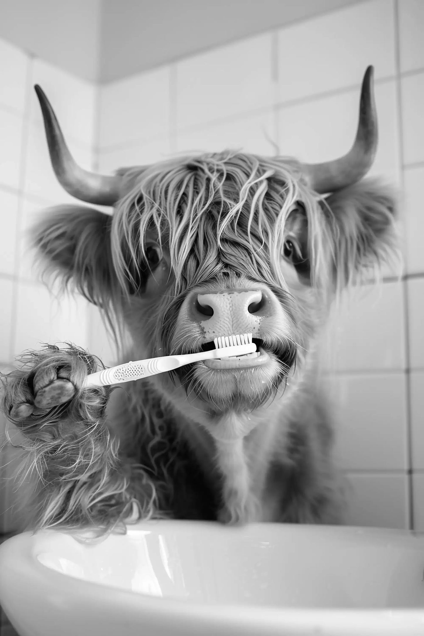 Black And White Cartoon Abstract Cute Animals Duck Hippo Panda Alpaca Brush teeth Posters Canvas Prints Art Home Room Wall Decor