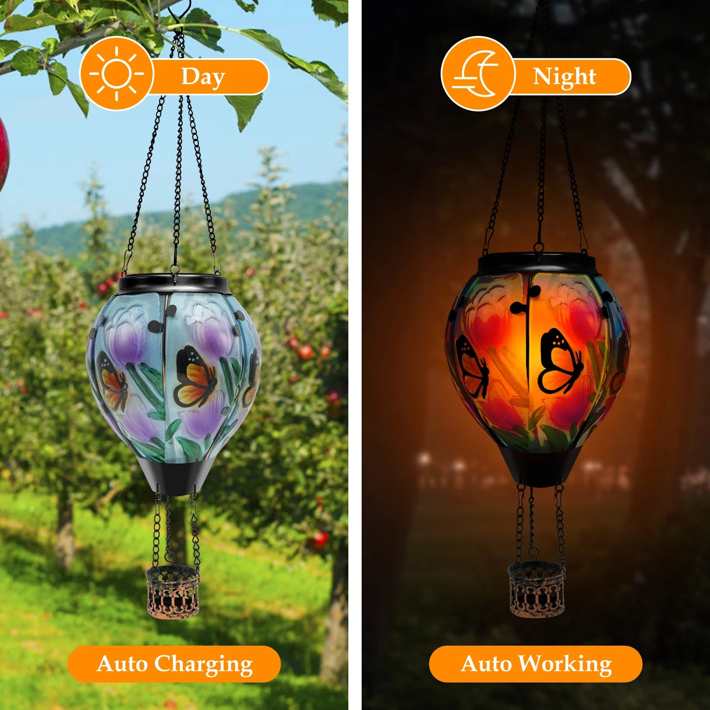 Solar Led Light Garden Wind Chimes Hanging Light Decor Hot Air Balloon Solar Lantern with LED Flame Solar Lights Hanging Lantern