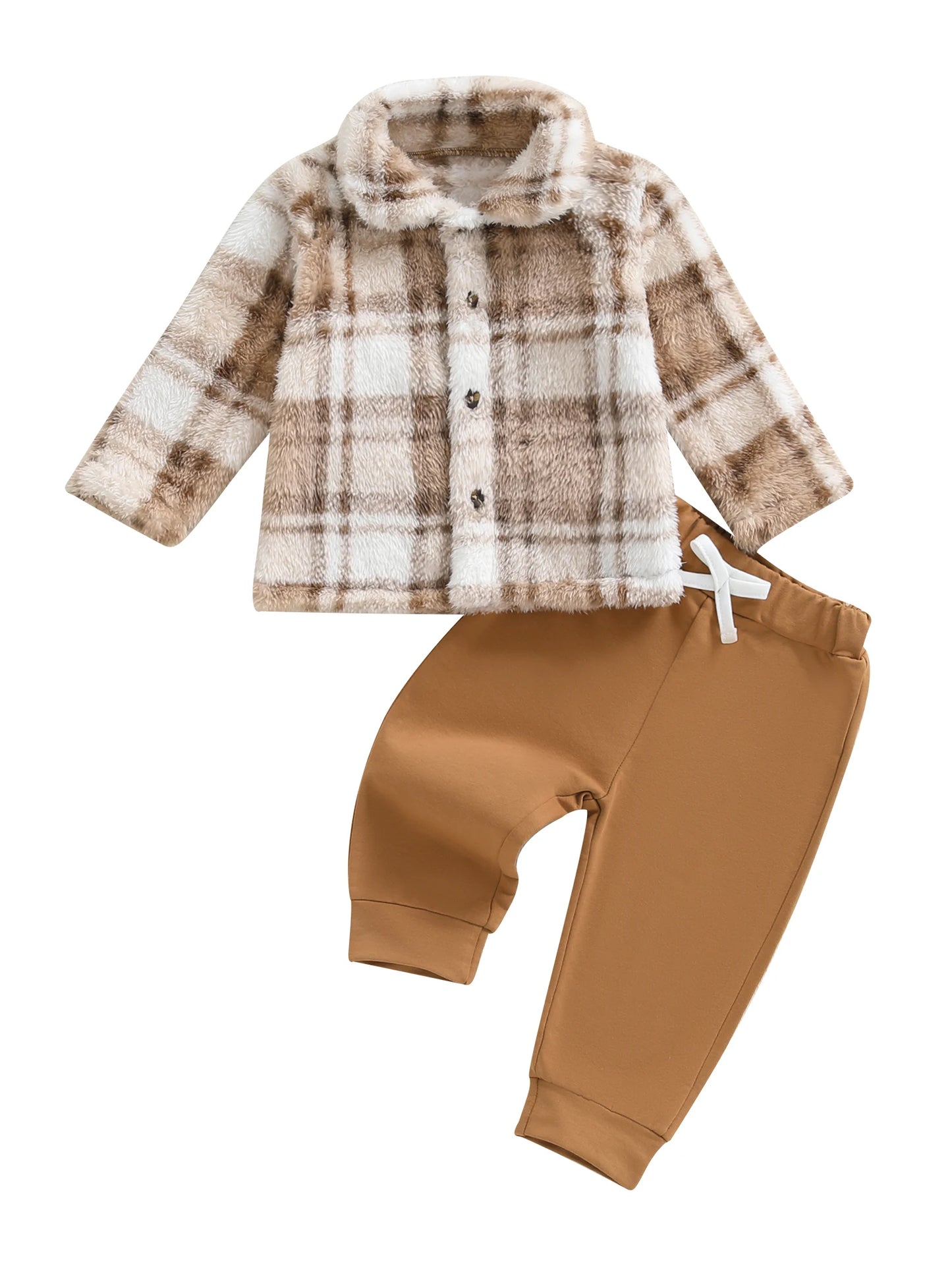 Infant Winter Clothes Set Warm Plaid Fleece Lapel Neck Button Down Long Sleeve Shirt and Pants Outfit for Baby Boy