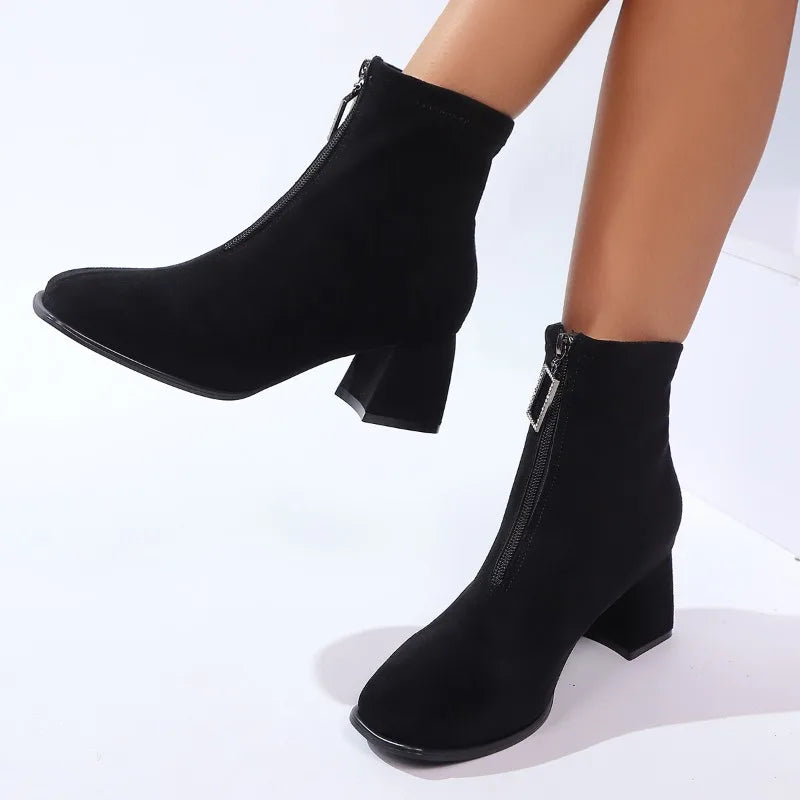 Block Heel Single Boots Women's Fashion Square Toe Suede Front Lace-Up Anti-Slip Wear-Resistant High Heel Shoe