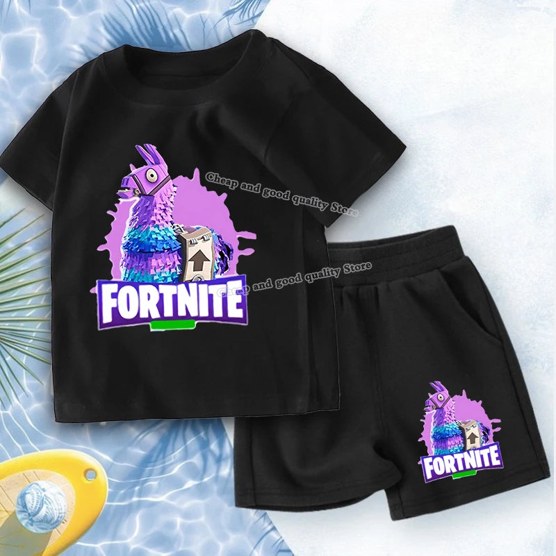 FORTNITED Anime Boy Summer T-shirt Set Kid Cotton Clothes 2pcs Short Baby Tops +Shorts Set Tee Sport Tracksuit Summer Outfits