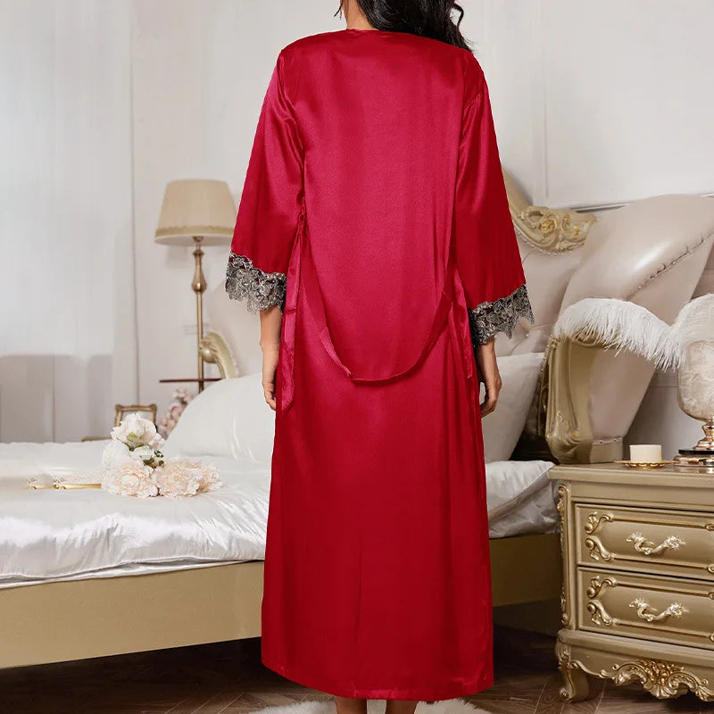 Long Style Twinset Robe Set Womens Sexy Satin Kimono Bathrobe Gown Nightwear Lace Lingerie V-Neck Sleepwear
