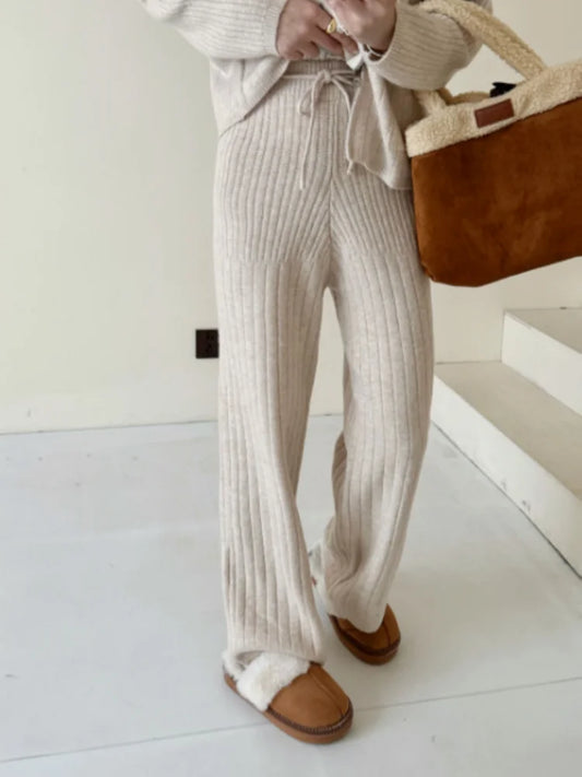 SMTHMA 2025 New Autumn Winter Zipper Turndown Collar Soft Knitted Sweater Two-Piece Set Casual Long Pants 2 Piece Outfits